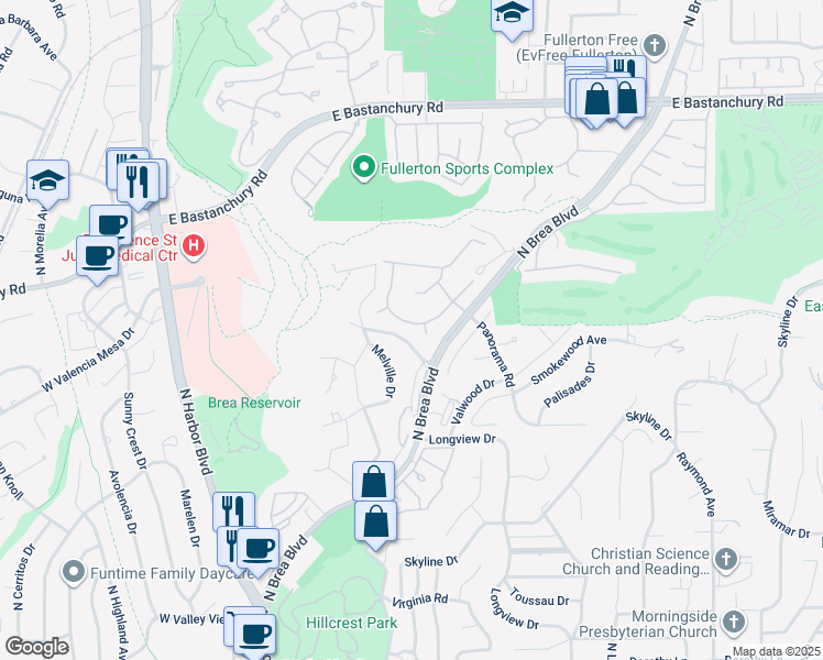 map of restaurants, bars, coffee shops, grocery stores, and more near 1934 Lexington Drive in Fullerton