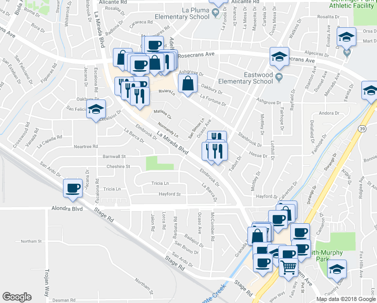 map of restaurants, bars, coffee shops, grocery stores, and more near La Mirada Blvd & Ocaso Ave in La Mirada