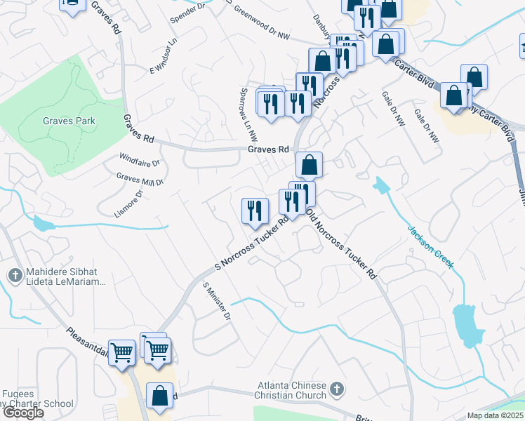 map of restaurants, bars, coffee shops, grocery stores, and more near 6259 South Norcross Tucker Road in Tucker
