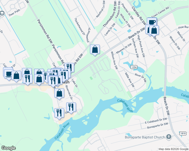 map of restaurants, bars, coffee shops, grocery stores, and more near 9375 Beach Drive Southwest in Calabash
