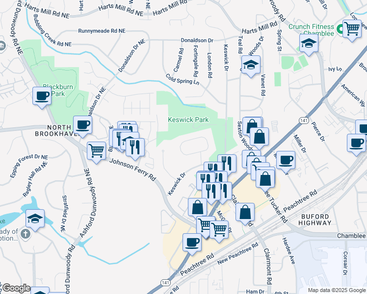 map of restaurants, bars, coffee shops, grocery stores, and more near 3521 Hildon Circle in Chamblee