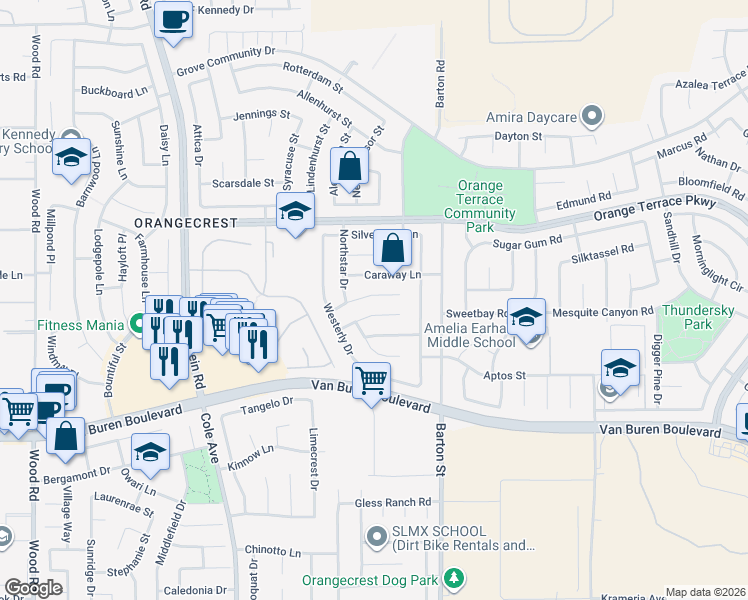 map of restaurants, bars, coffee shops, grocery stores, and more near 19956 Windwood Circle in Riverside