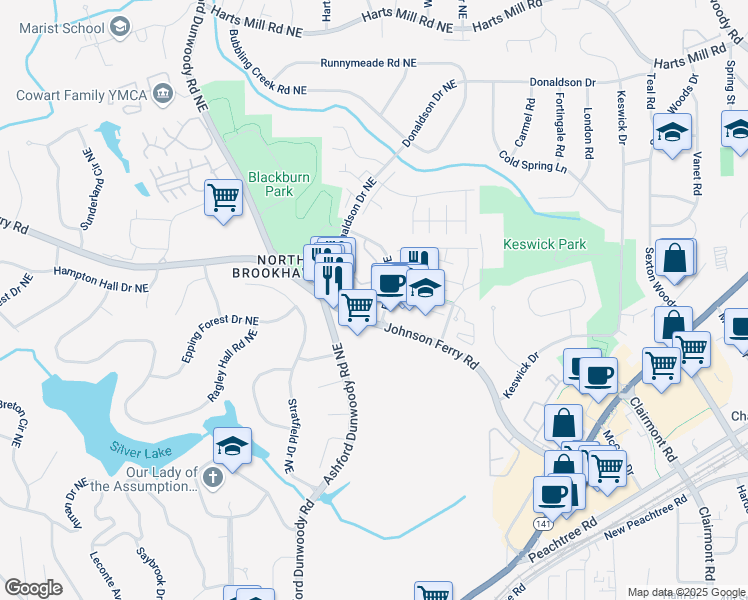 map of restaurants, bars, coffee shops, grocery stores, and more near 3450 Blair Circle Northeast in Brookhaven