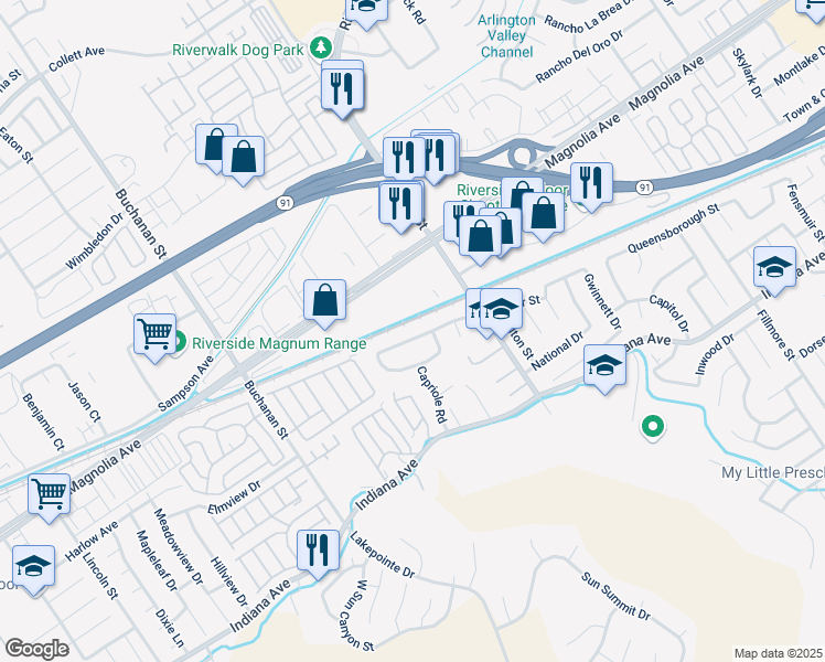 map of restaurants, bars, coffee shops, grocery stores, and more near 12027 Taylor Street in Riverside