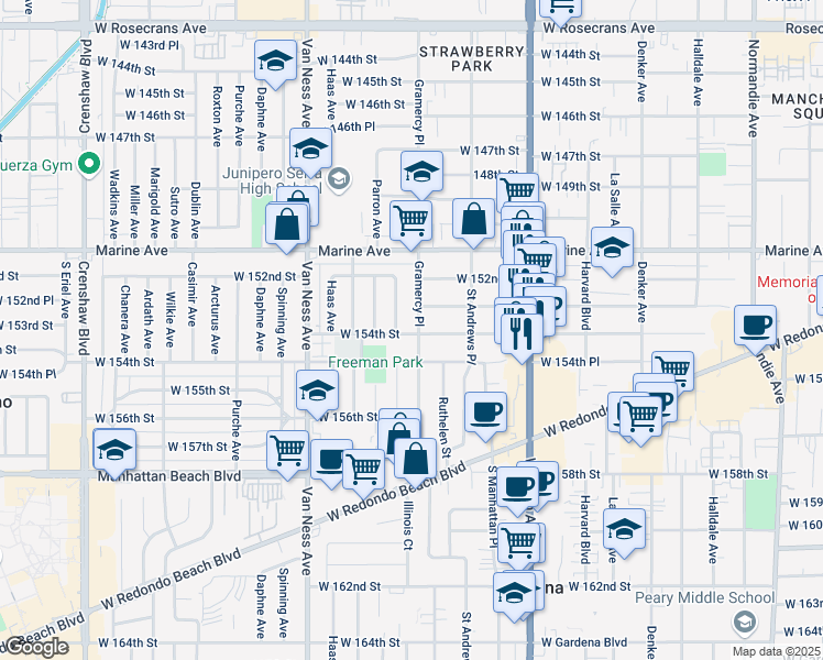 map of restaurants, bars, coffee shops, grocery stores, and more near 15325 Gramercy Place in Gardena
