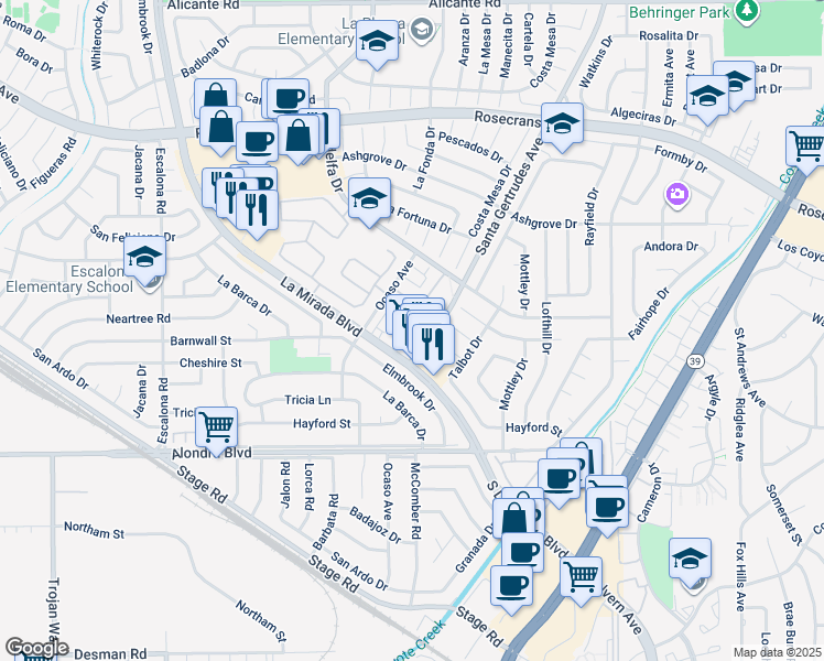 map of restaurants, bars, coffee shops, grocery stores, and more near 15438 La Mirada Boulevard in La Mirada