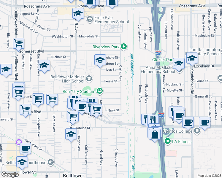 map of restaurants, bars, coffee shops, grocery stores, and more near 10440 Hopland Street in Bellflower