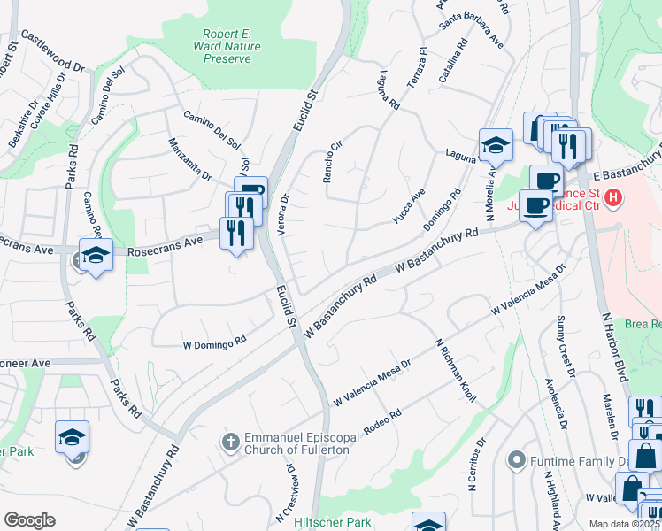 map of restaurants, bars, coffee shops, grocery stores, and more near 2000 Redondo Place in Fullerton