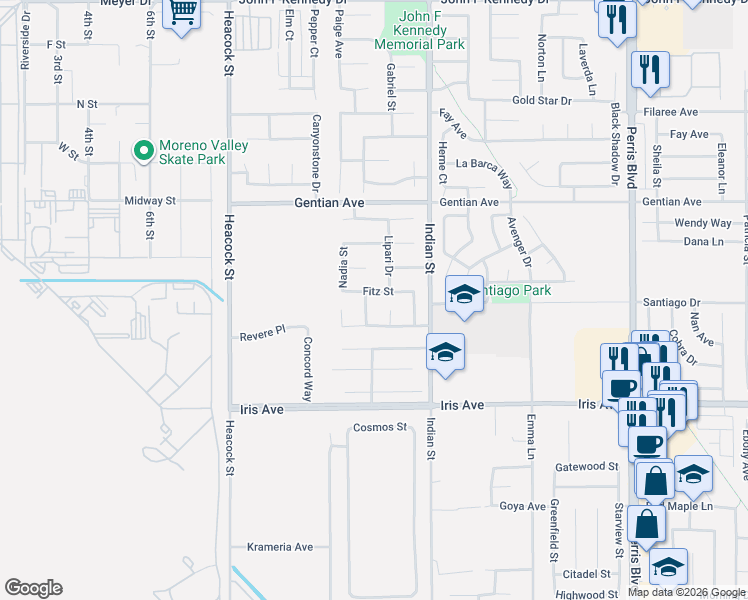 map of restaurants, bars, coffee shops, grocery stores, and more near 24349 Fitz Street in Moreno Valley