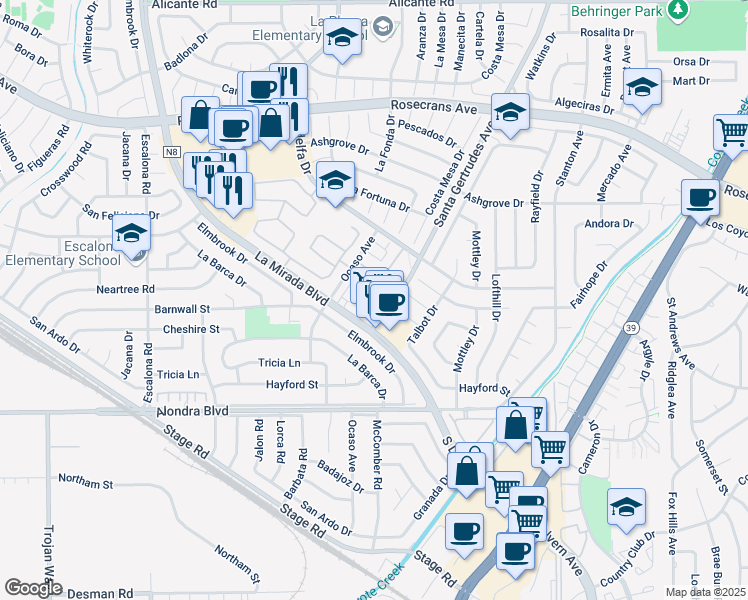 map of restaurants, bars, coffee shops, grocery stores, and more near 15436 La Mirada Boulevard in La Mirada
