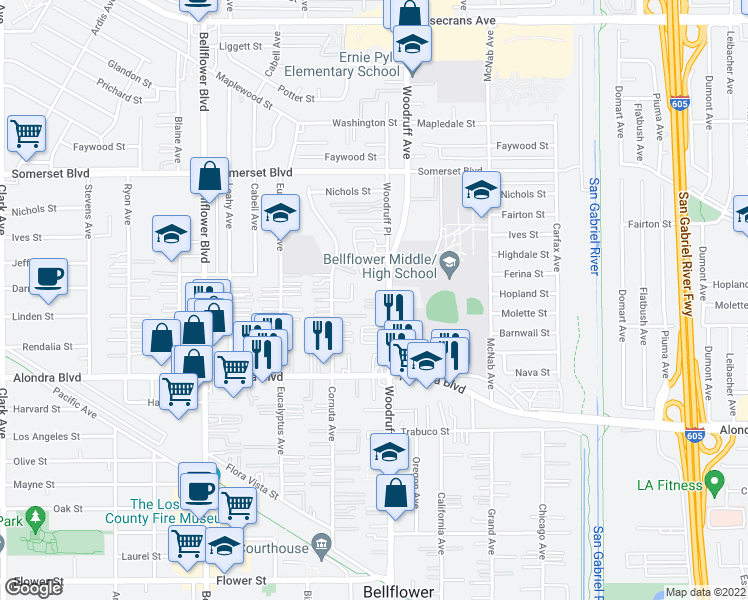 map of restaurants, bars, coffee shops, grocery stores, and more near 15531 Woodruff Avenue in Bellflower