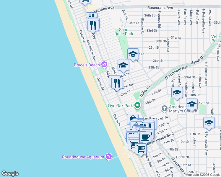 map of restaurants, bars, coffee shops, grocery stores, and more near 216 23rd Street in Manhattan Beach