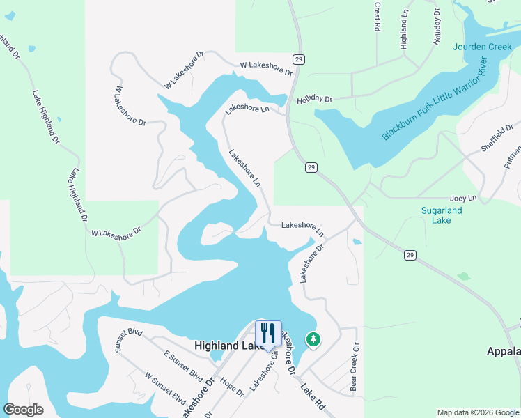 map of restaurants, bars, coffee shops, grocery stores, and more near 626 Lakeshore Lane in Highland Lake