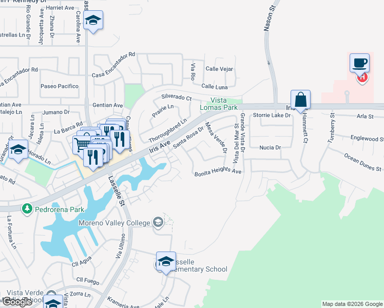 map of restaurants, bars, coffee shops, grocery stores, and more near 15734 Avenida Del Corazon in Moreno Valley
