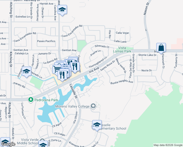 map of restaurants, bars, coffee shops, grocery stores, and more near 26319 Iris Avenue in Moreno Valley