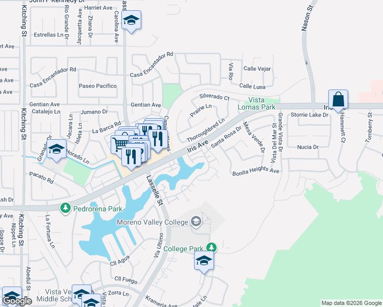 map of restaurants, bars, coffee shops, grocery stores, and more near 26307 Thoroughbred Lane in Moreno Valley