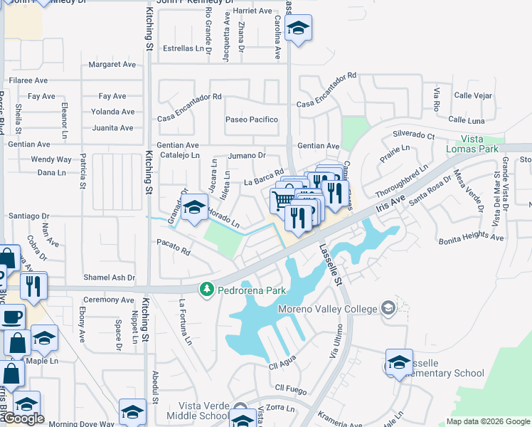 map of restaurants, bars, coffee shops, grocery stores, and more near 15657 Lasselle Street in Moreno Valley