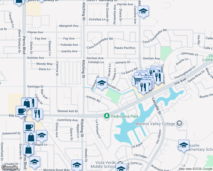 map of restaurants, bars, coffee shops, grocery stores, and more near 25635 Horado Lane in Moreno Valley