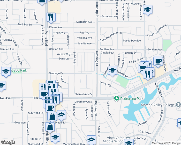 map of restaurants, bars, coffee shops, grocery stores, and more near 109 CAMPANILIA Fortuna in Moreno Valley
