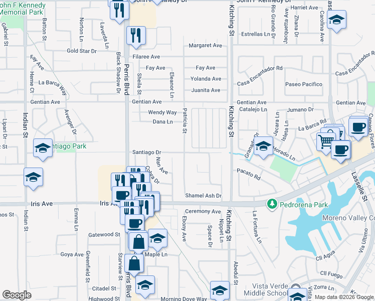 map of restaurants, bars, coffee shops, grocery stores, and more near 2 CAMPANILIA Fortuna in Moreno Valley