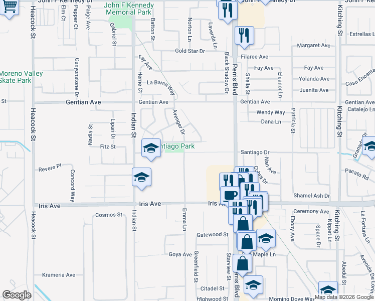 map of restaurants, bars, coffee shops, grocery stores, and more near 15820 Emma Lane in Moreno Valley