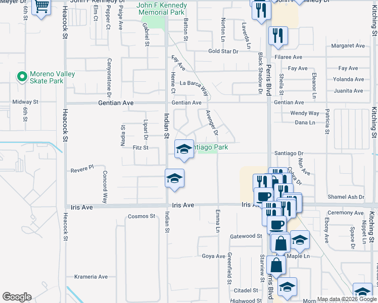 map of restaurants, bars, coffee shops, grocery stores, and more near Santiago Dr in Moreno Valley