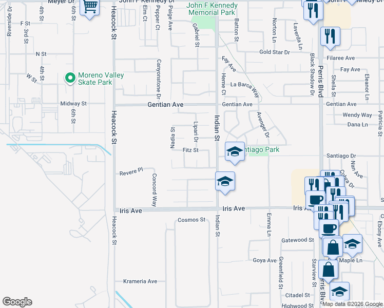 map of restaurants, bars, coffee shops, grocery stores, and more near 15721 Lipari Drive in Moreno Valley