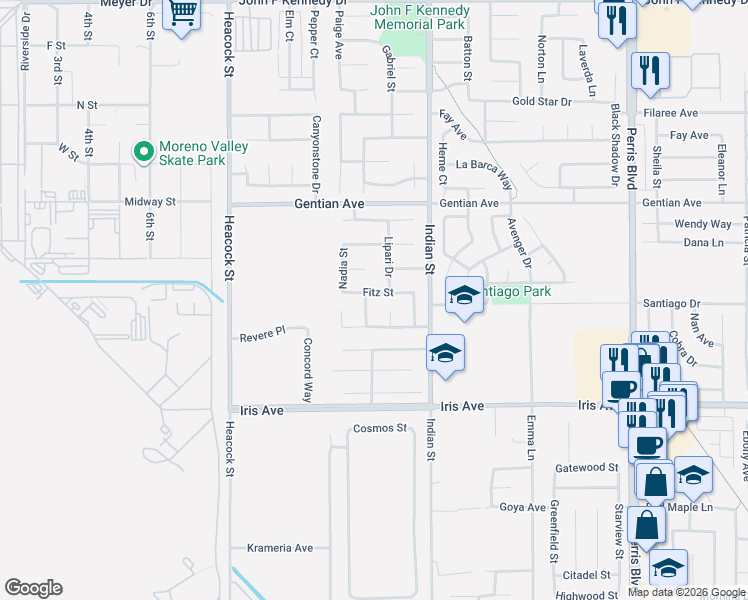 map of restaurants, bars, coffee shops, grocery stores, and more near 15721 Lipari Drive in Moreno Valley