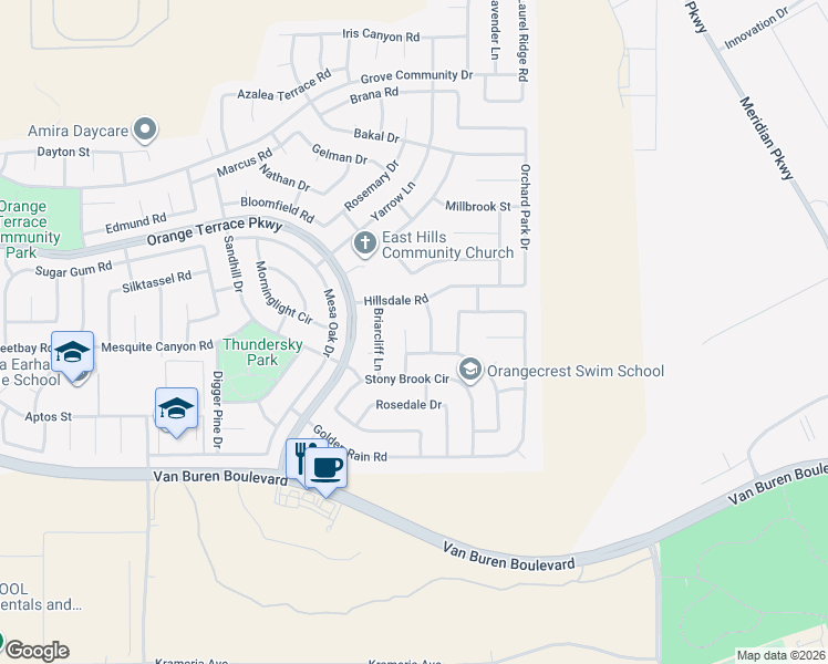 map of restaurants, bars, coffee shops, grocery stores, and more near 8726 Medford Street in Riverside