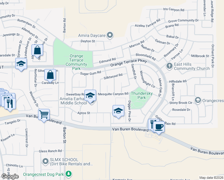 map of restaurants, bars, coffee shops, grocery stores, and more near 8738 Senna Lane in Riverside