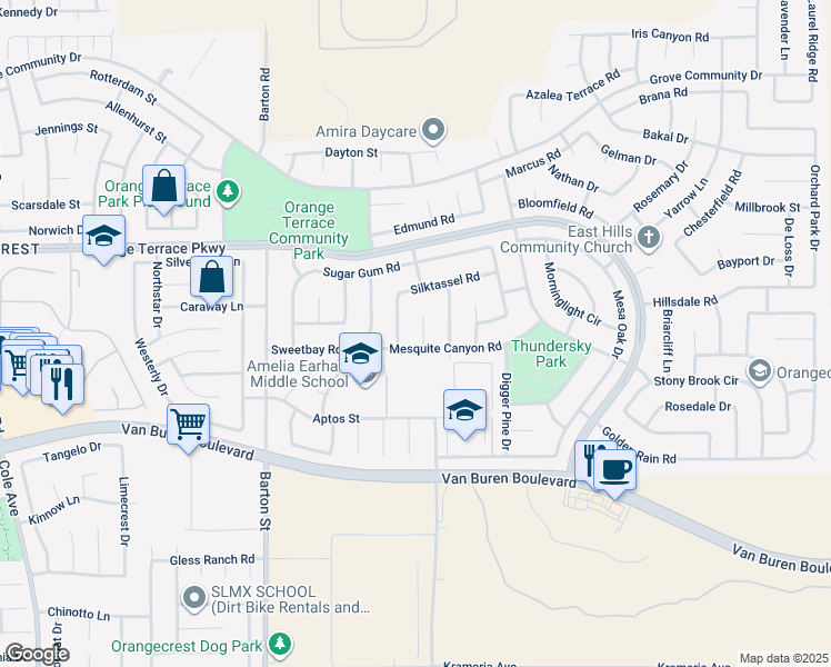 map of restaurants, bars, coffee shops, grocery stores, and more near 8738 Senna Lane in Riverside