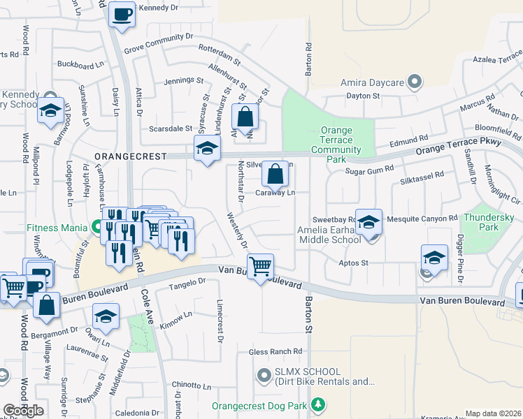 map of restaurants, bars, coffee shops, grocery stores, and more near 19956 Windwood Circle in Riverside