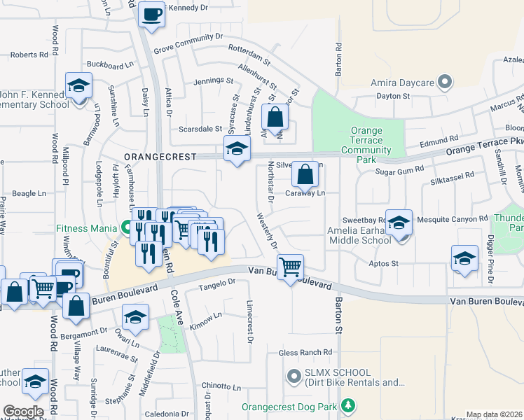 map of restaurants, bars, coffee shops, grocery stores, and more near 8740 Northstar Drive in Riverside