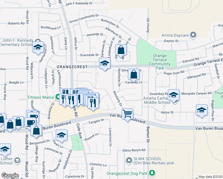map of restaurants, bars, coffee shops, grocery stores, and more near 19755 Westerly Drive in Riverside
