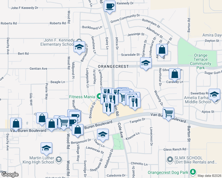 map of restaurants, bars, coffee shops, grocery stores, and more near 8646 Cabin Place in Riverside