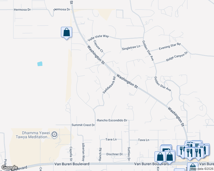 map of restaurants, bars, coffee shops, grocery stores, and more near 15607 Saddleback Road in Riverside