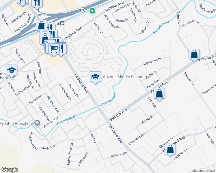 map of restaurants, bars, coffee shops, grocery stores, and more near 2995 Cody Court in Riverside