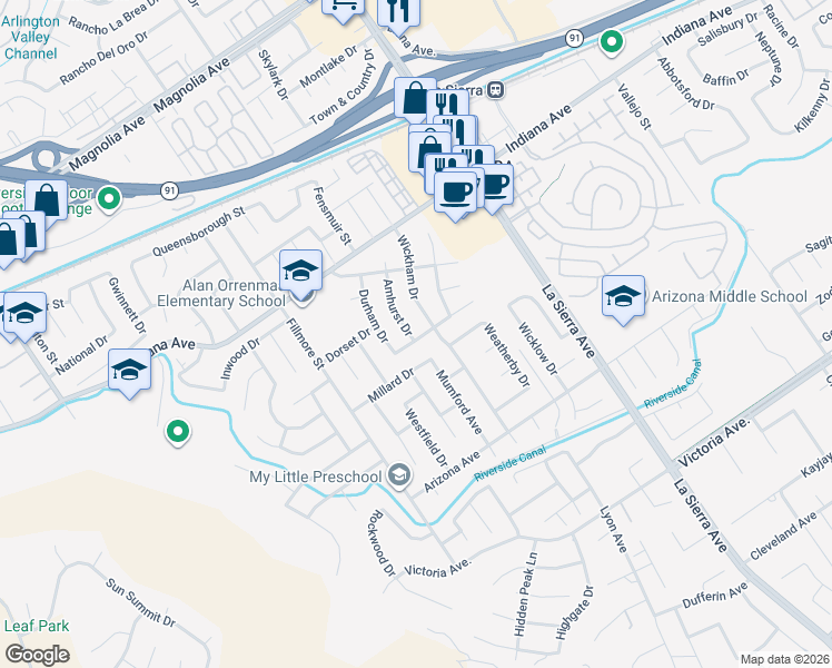 map of restaurants, bars, coffee shops, grocery stores, and more near 3264 Amhurst Drive in Riverside
