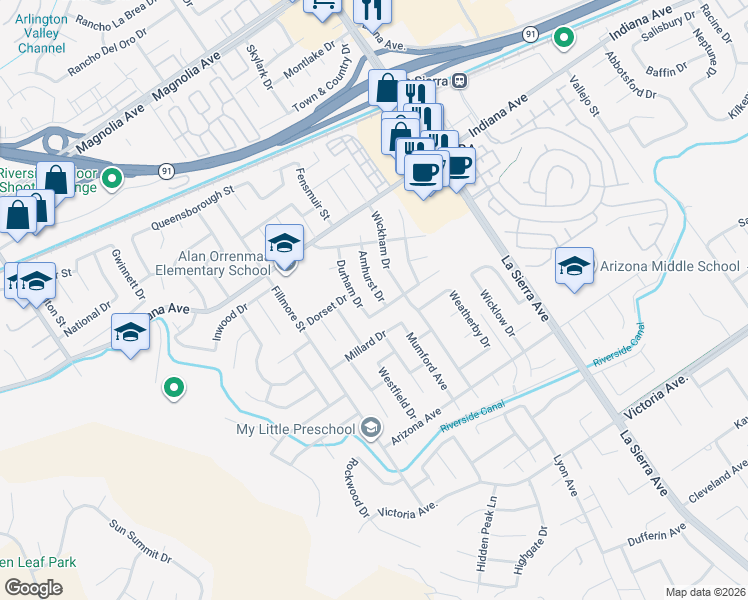 map of restaurants, bars, coffee shops, grocery stores, and more near 3264 Amhurst Drive in Riverside