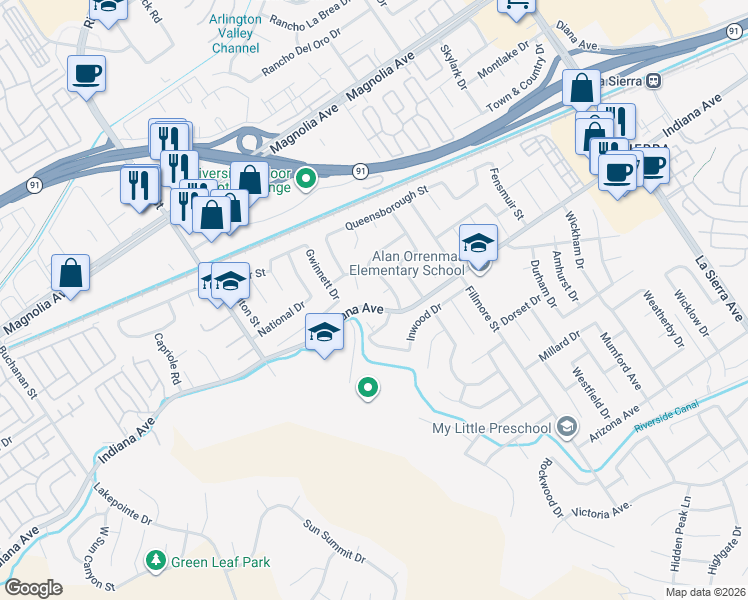 map of restaurants, bars, coffee shops, grocery stores, and more near 11619 Capitol Drive in Riverside