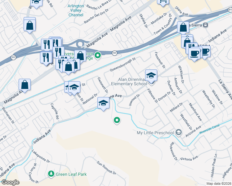 map of restaurants, bars, coffee shops, grocery stores, and more near 3465 Commonwealth Place in Riverside