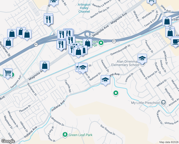 map of restaurants, bars, coffee shops, grocery stores, and more near 3582 Hancock Drive in Riverside