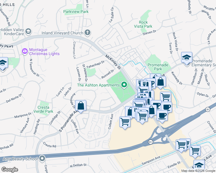 map of restaurants, bars, coffee shops, grocery stores, and more near 685 Valleywood Street in Corona