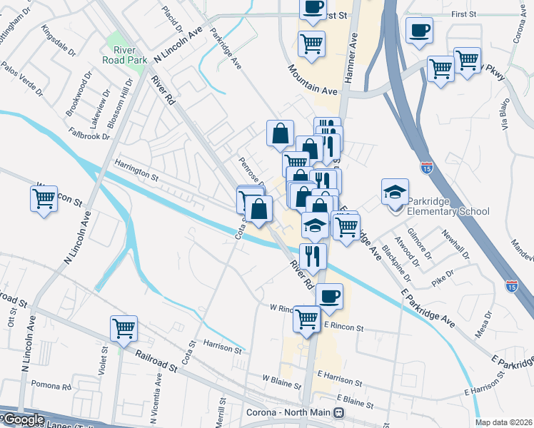 map of restaurants, bars, coffee shops, grocery stores, and more near 436 Merced Court in Corona