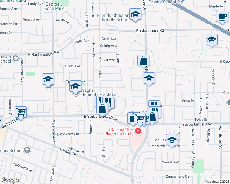 map of restaurants, bars, coffee shops, grocery stores, and more near 1664 Sherwood Village Circle in Placentia