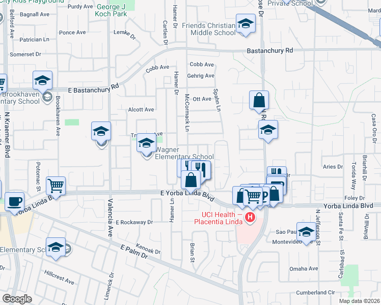 map of restaurants, bars, coffee shops, grocery stores, and more near 4781 Kermath Street in Placentia