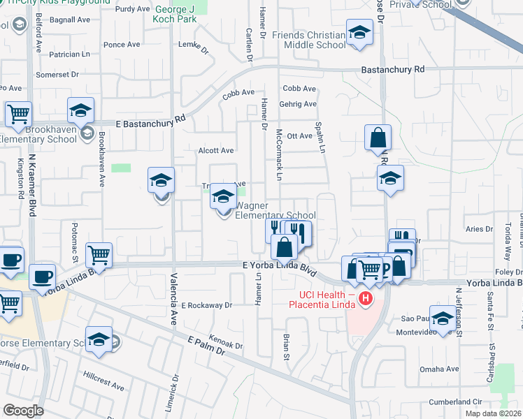 map of restaurants, bars, coffee shops, grocery stores, and more near 4782 Hamer Drive in Placentia