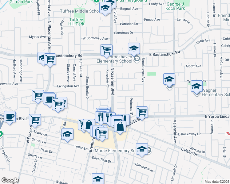 map of restaurants, bars, coffee shops, grocery stores, and more near 1613 Salmon River in Placentia