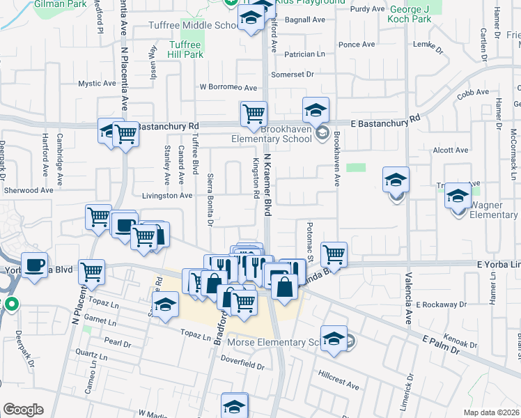 map of restaurants, bars, coffee shops, grocery stores, and more near 1636 Kingston Road in Placentia