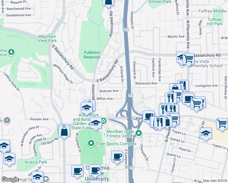 map of restaurants, bars, coffee shops, grocery stores, and more near 2631 Andover Avenue in Fullerton